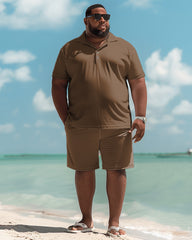 All-Match Solid Color Brown Polo Shirt Shorts Suit Men's Plus Size