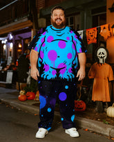 Big & Tall Men's Halloween Blue Polo Dot Plush Graffiti Cosplay Printed T-Shirt Trousers Suit
