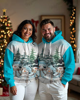Couple's Plus Size Snowman Scene Printed Long Sleeve Hoodie