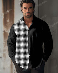 Men's Plus Size Color Matching Houndstooth Lapel Long Sleeve Shirt