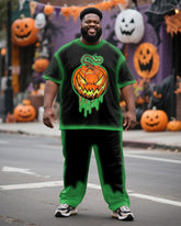 Big & Tall Men's Halloween Pumpkin Fluorescent Green Contrast Printed T-Shirt Pants Suit