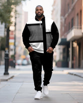 Big & Tall Men's Geometric Color Block Printed POLO Collar Zipper Long Sleeve Pants Two-piece Set