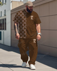 Big Men's Brown Round Geometric Alphabet Print T-Shirt Trousers Set