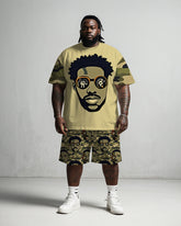 Men's Plus Size Street Fashion Camouflage Hip Hop Head Green Print T-Shirt Shorts Suit