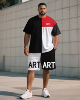 Men's Plus Size Casual Artist Black & White & Red Colorblock Short Sleeve T-Shirt Shorts Suit