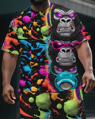 Men's Big & Tall Dreamy Cartoon Splicing Gorillas Print Short-Sleeved T-shirt & Short Set