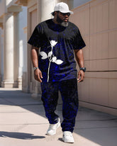 Men's Plus Size Black And Blue Colorblock Graffiti Floral Print T-Shirt Trousers Suit