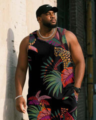 Big & Tall Men's Black Vintage Leopard Plant Print Vest Shorts Suit