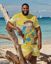 Men's Plus Size Hawaiian Yellow Otter Drinking Cocktail Print Short Sleeve T-Shirt Shorts Suit