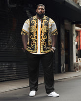 Men's Large Size Classic Retro Pattern Patchwork Pattern Short Sleeve Shirt Set