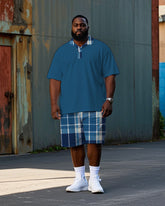 Big Men's Simple Plaid Letter Printed Casual Short Sleeve Polo Shirt Shorts Set