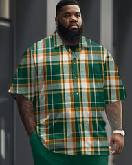 Classic Green Plaid Short Sleeve Shirt Trousers Set Men's Big & Tall