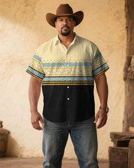 Men's Plus Size Black & Apricot Western Denim Cotton Blend Short Sleeve Shirt