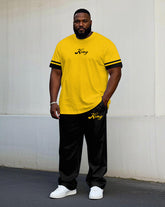 Men's Plus Size Casual Fashion Yellow Special Cuff Stitching Black Short-sleeved T-shirt Trousers Suit