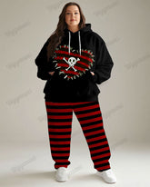 Women's Street Fashion Skull Heart Colorblock Striped Print Big and Tall Hoodie Set