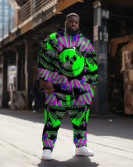 Men's Large Size Green Abstract Graffiti Smiley Hoodie Set of Two