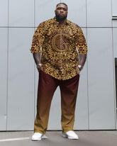 Letter Flower Totem Long Sleeve Lapel Shirt 2 Piece Set Men's Plus Size