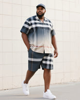 Big & Tall Men's Street Fashion Daily Casual Gradient Card Fuzzy Window Plaid Shirt Shorts Suit