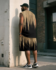Big & Tall Men's Khaki Vintage Gradient Print Vest Shorts Suit