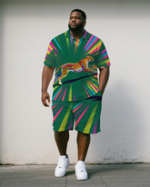 Big Men's Fantasia Cartoon Leopard Printed Street Style Short-Sleeve Polo Shirt & Shorts Set