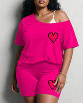 Women's Plus Size Daily Casual Rose Red Love Printed Short Sleeve Shorts Suit