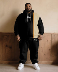Big & Tall Men Fall/Winter All-Match Casual Black & Khaki Chest King Printed Hoodie Suit