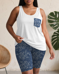 Women's Plus Size Daily Casual Rose Denim Print Pocket Vest Shorts Suit