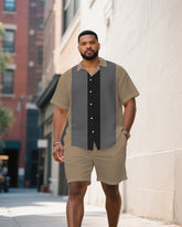 Men's Plus Size Khaki & Grey & Black Colorblock Fashion Short Sleeve Shirt Shorts Suit