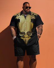 Big Men's Ethnic Pattern Printed Short Sleeve Shirt And Shorts Set
