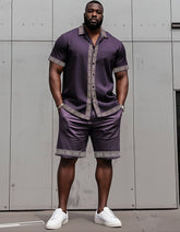 Big Man's Retro Daily Casual Edge Color Block Printing Short Sleeve Shirt Shorts Suit