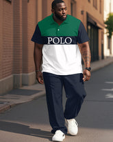 Royal Blue Classic Colorblock Polo Shirt Trousers Suit Men's Plus Size