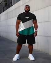 Men's Plus Size Casual Black & Green Colorblock Short Sleeve T-Shirt Shorts Suit