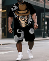 Big & Tall Men's Casual Cartoon Elder Gorillas Print Short-Sleeved T-shirt and Short Set