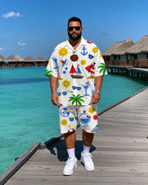 Men's Big & Tall Cartoon Hawaiian Theme Sailboat Printed Short Sleeve Shirt Shorts Set