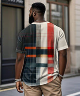 Men's Plus Size Casual Black And Red Geometric Plaid Print Henry Collar Button Short Sleeve T-Shirt