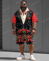 Big Men's Christmas Color Bow Suit Cosplay Printed Short Sleeve Shirt Shorts Set