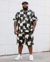 Big Man's Daily Leisure Outdoor Activities Irregular Puzzle Creative Camouflage Short Sleeve Shirt Shorts Suit