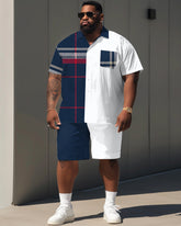 Big Men's Simple Plaid Stitching Print Short Sleeve Shirt Shorts Set