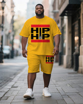 Men's Plus Size Yellow Hiphop Text Print Short Sleeve T-shirt Shorts Suit