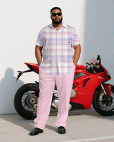 Big & Tall Men's Business Pink Plaid Short Sleeve Shirt Pants Suit