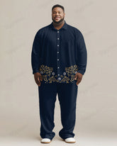 Men's Plus Size Luxury Blue Floral Print Long Sleeve Shirt Trousers Suit