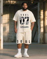 Big & Tall Men's Vintage Painting SOUL 07 Floral Print Round Neck Short Sleeve T-Shirt Shorts Suit