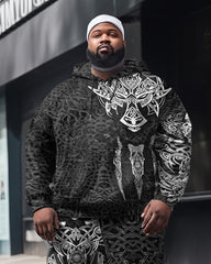 Men's Plus Black and White Dragon Totem Print Hoodie Set