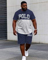 Men's Plus Size Casual Blue & White Colorblock Short Sleeve T-Shirt Shorts Suit