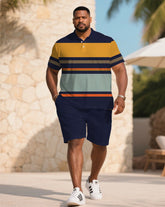 Big & Tall Men's Summer Dark Blue Striped Polo Short Sleeve Shirt Shorts Suit