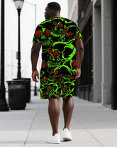 Bones Glow Hope Inside Big & Tall Men's Neon Skull Print Daily Causal Short Sleeve T-shirt & Shorts Set