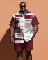 Big Guys Simple Geometric Colorblock Pattern Short Sleeve Shirt Shorts Set