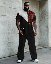 Men's Plus Size Daily Casual Black Color Matching Ethnic Style Smiley Print T-shirt Trousers Suit