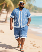Big Men's Vacation Casual Bohemian Style White Vintage Striped Edge Textured Print Blue Short Sleeve Shirt Shorts Suit