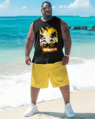 Men's Big Summer Chest Plant Print Vest Shorts Suit